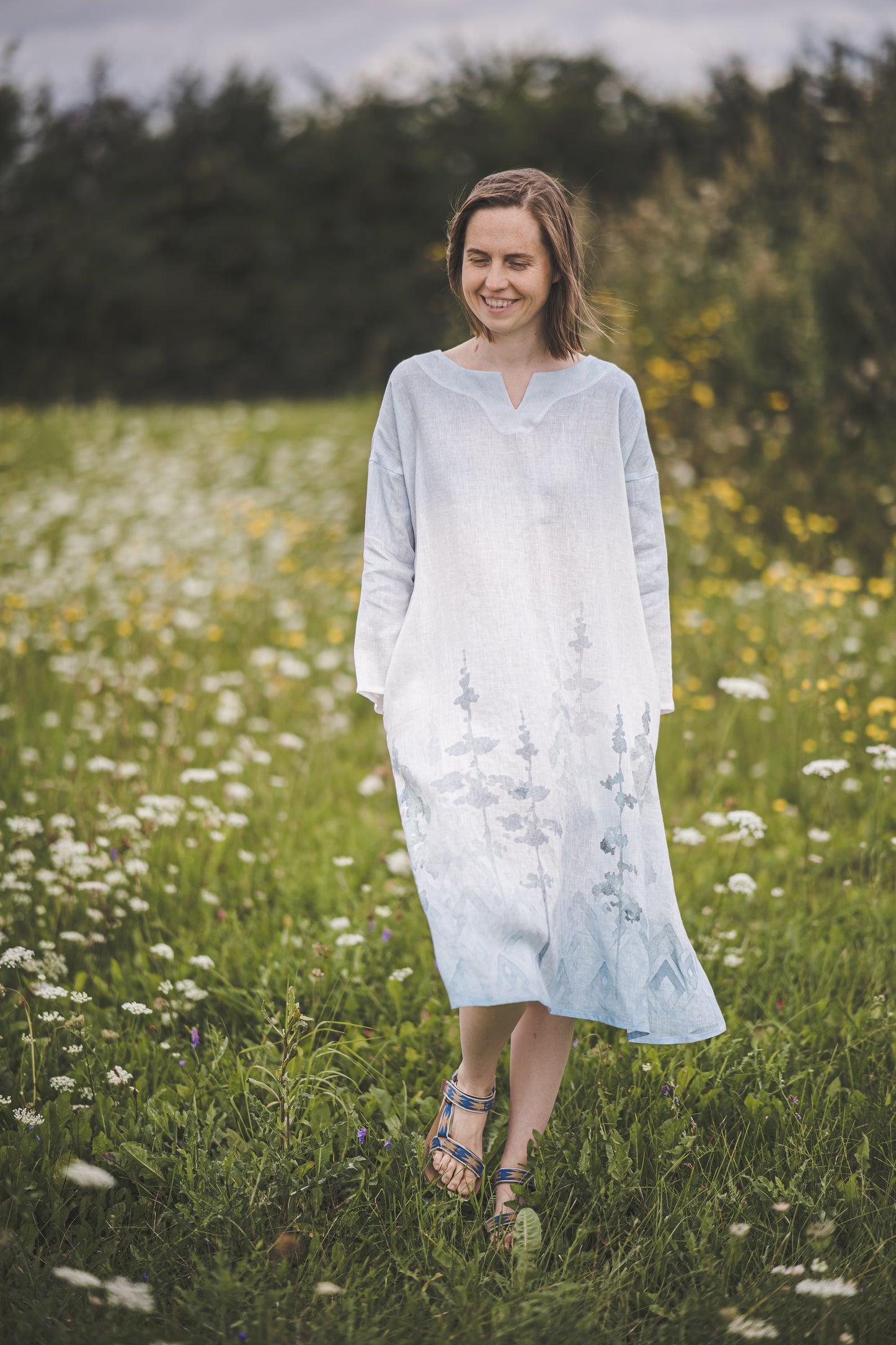 MIGLA midi linen dress with Blue Ombre Forest print