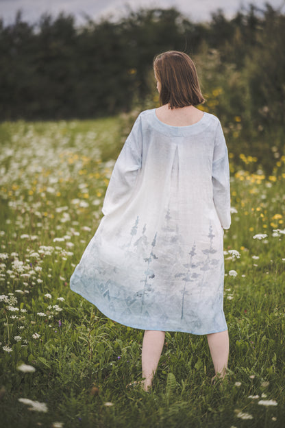 MIGLA midi linen dress with Blue Ombre Forest print