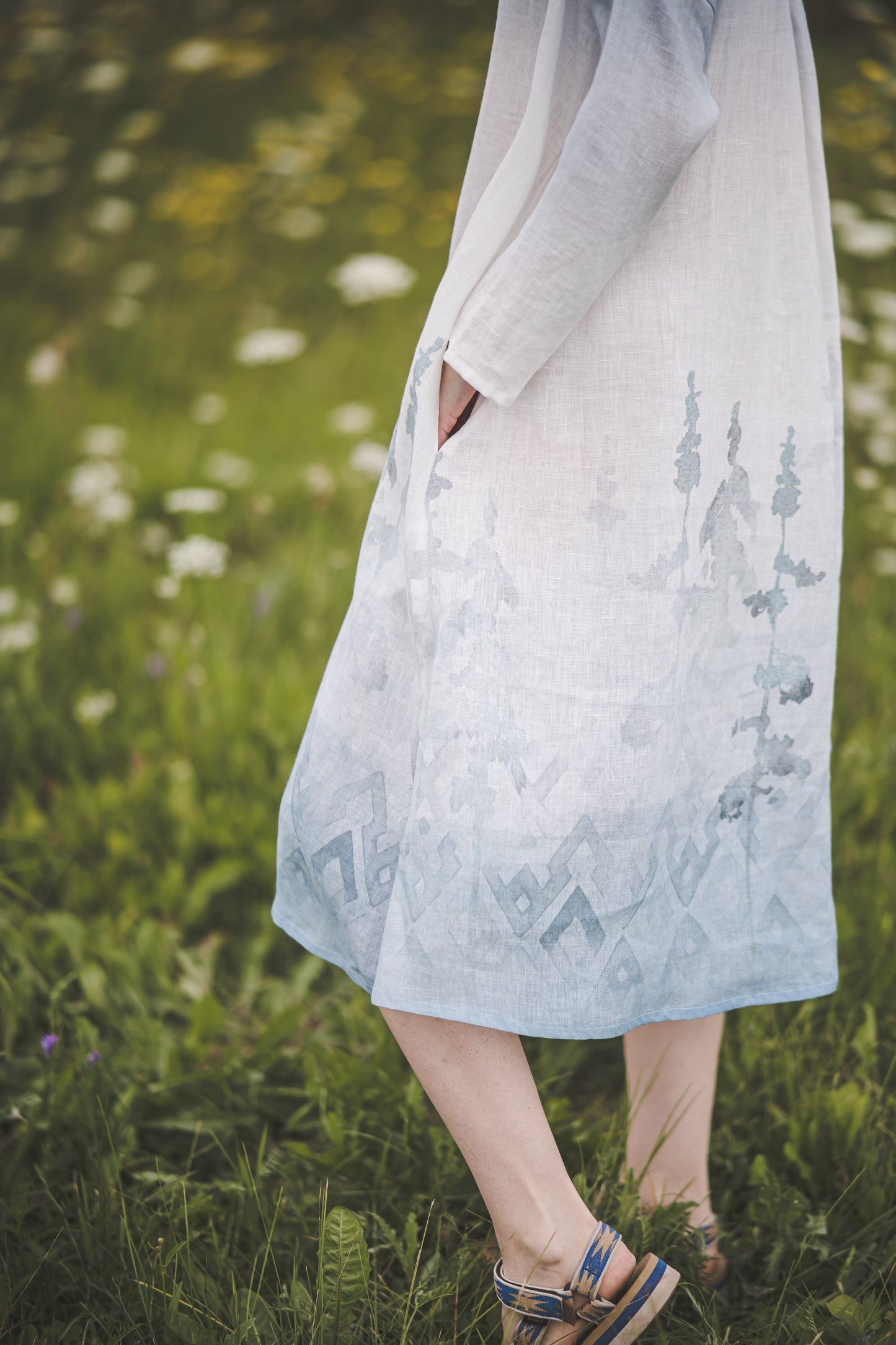 MIGLA midi linen dress with Blue Ombre Forest print