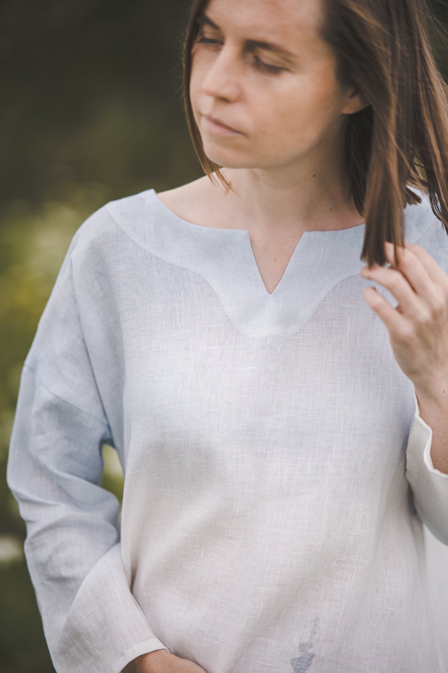 MIGLA midi linen dress with Blue Ombre Forest print