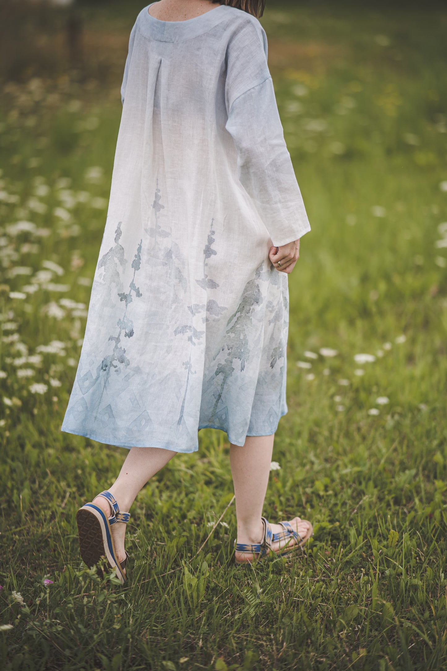 MIGLA midi linen dress with Blue Ombre Forest print