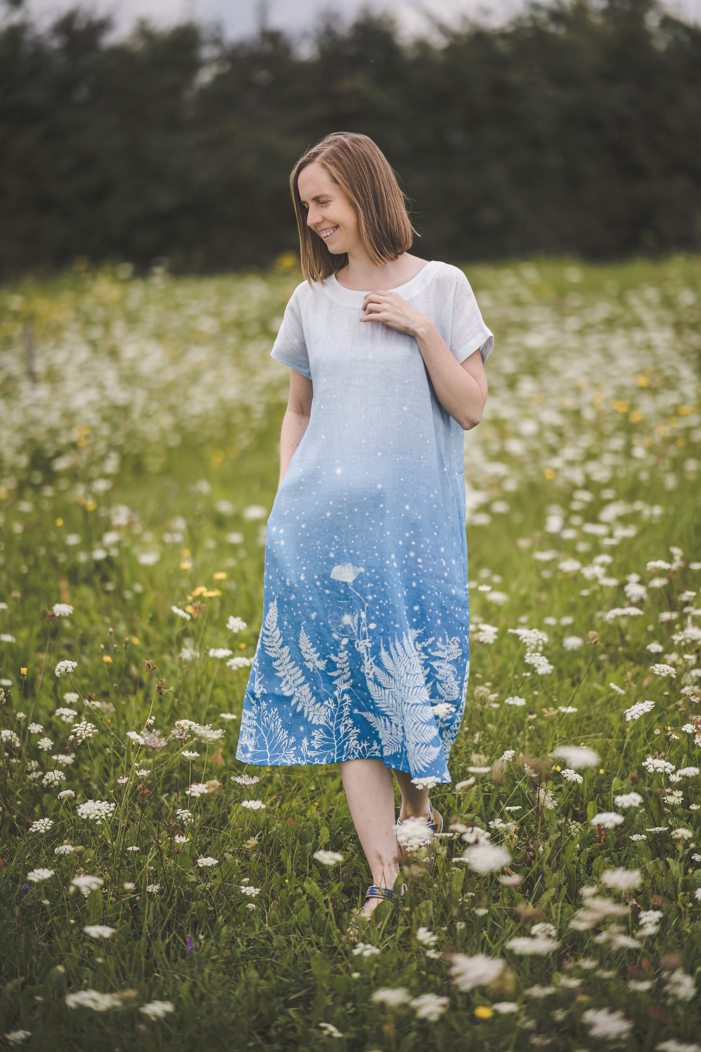 Blue Ombre meadow floral print linen dress