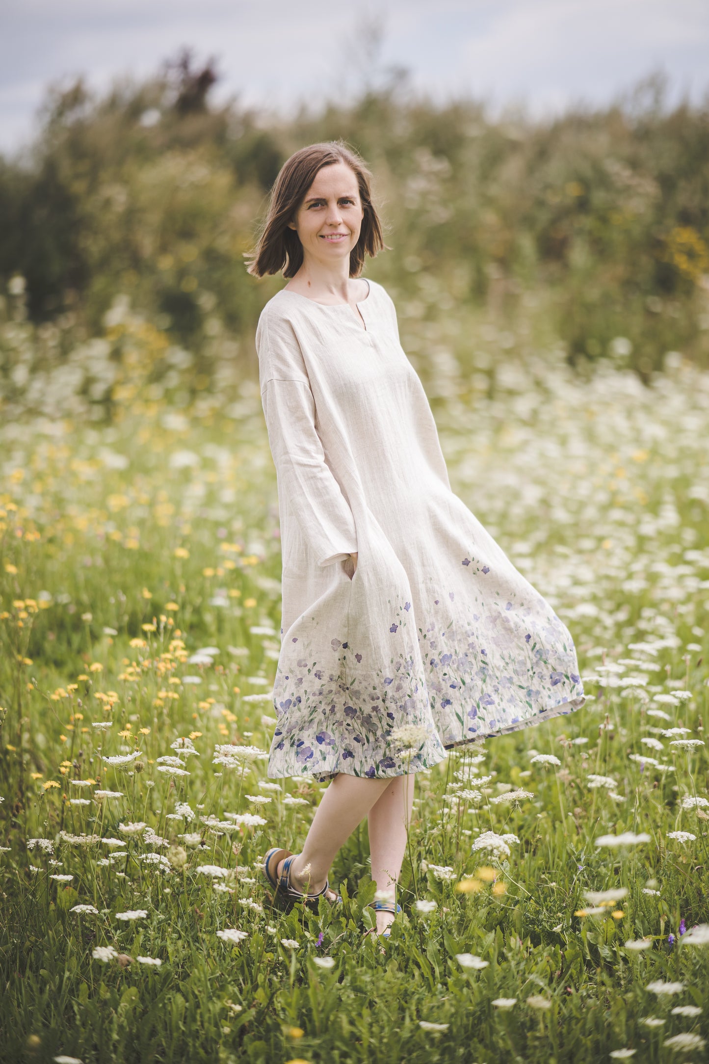 MIGLA midi linen dress with Lavender print