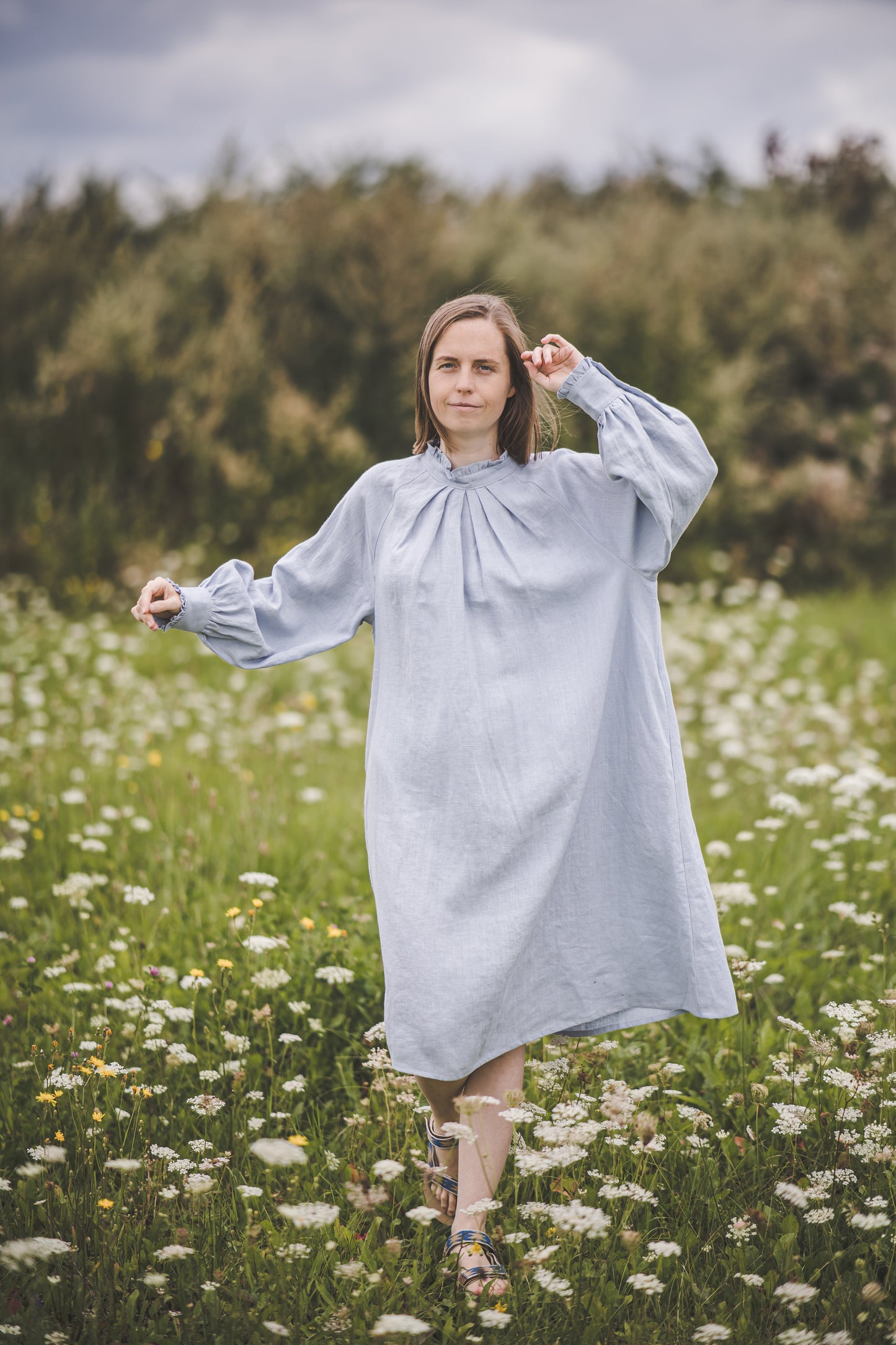 META midi linen dress with puffy sleeves & frills in Sky blue