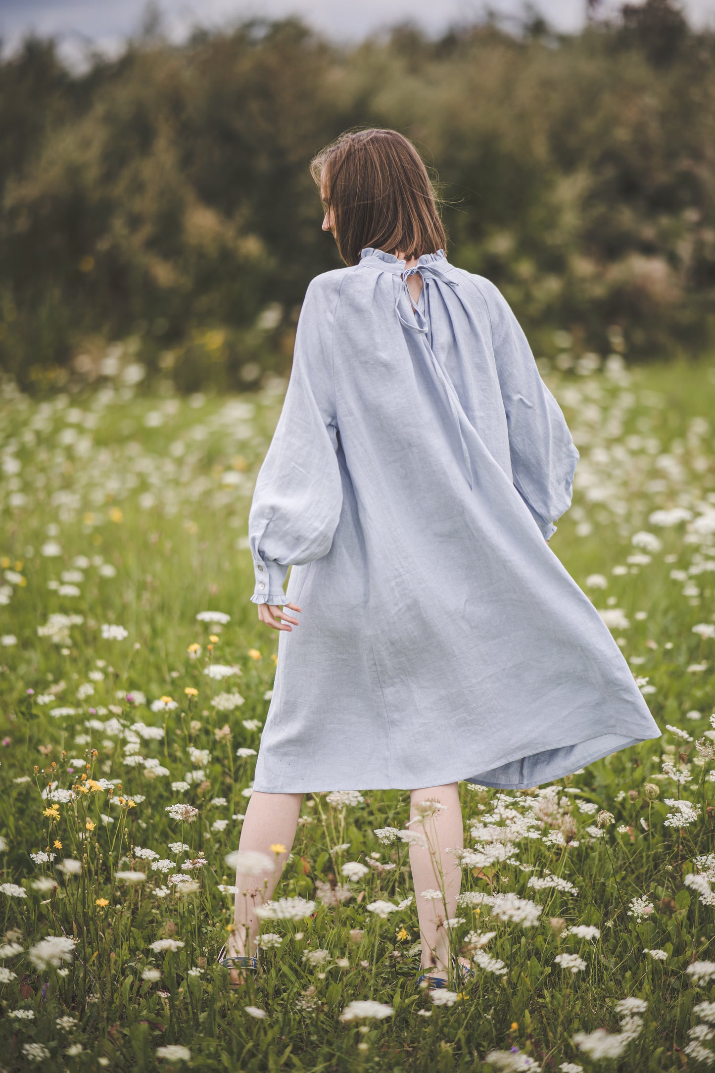 META midi linen dress with puffy sleeves & frills in Sky blue