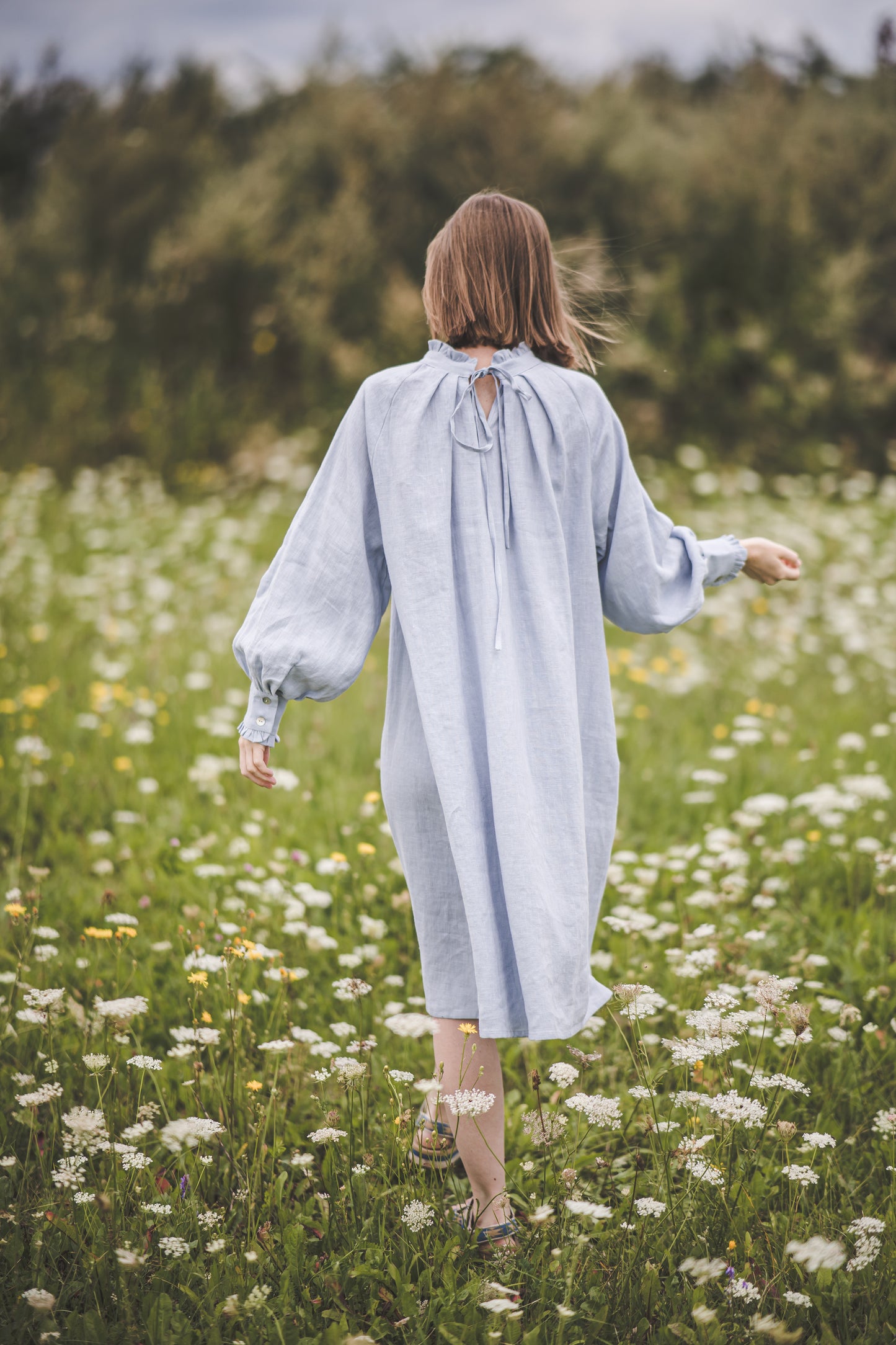 META midi linen dress with puffy sleeves & frills in Sky blue