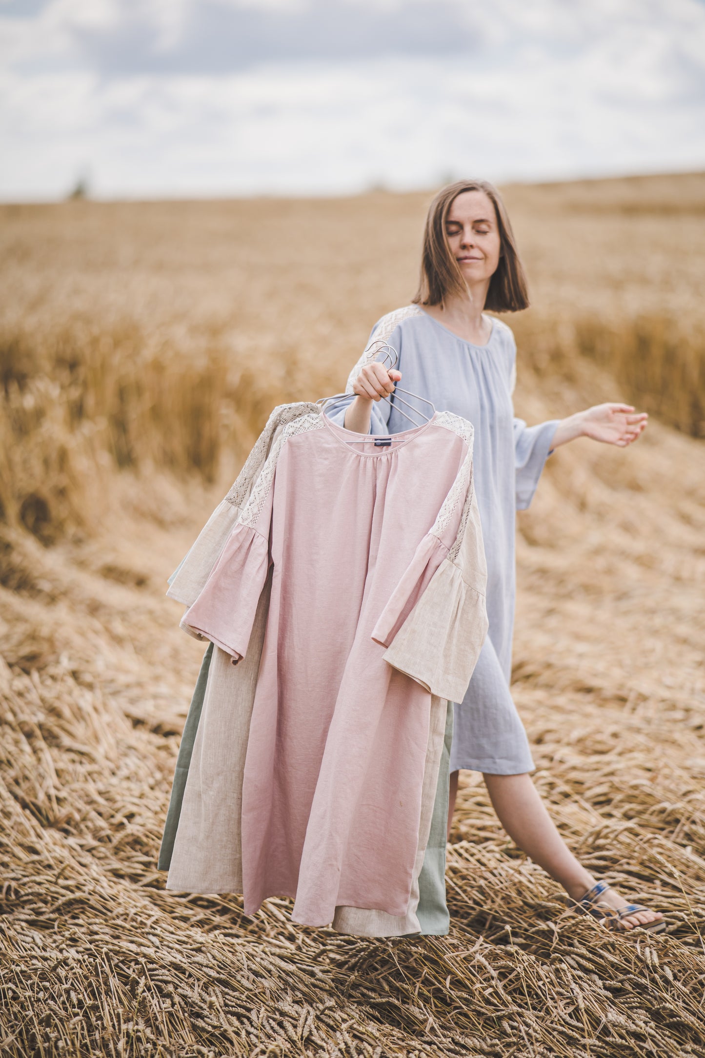 RŪTA midi linen dress with crochet lace in Light sage color