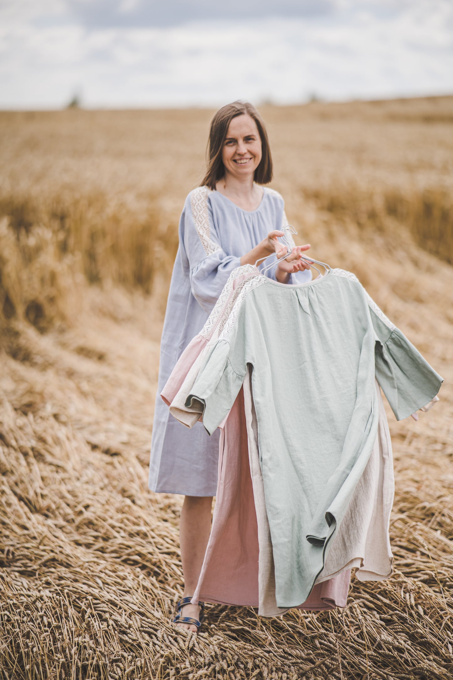 RŪTA midi linen dress with crochet lace in Light sage color