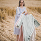 RŪTA midi linen dress with crochet lace in Dusty pink color