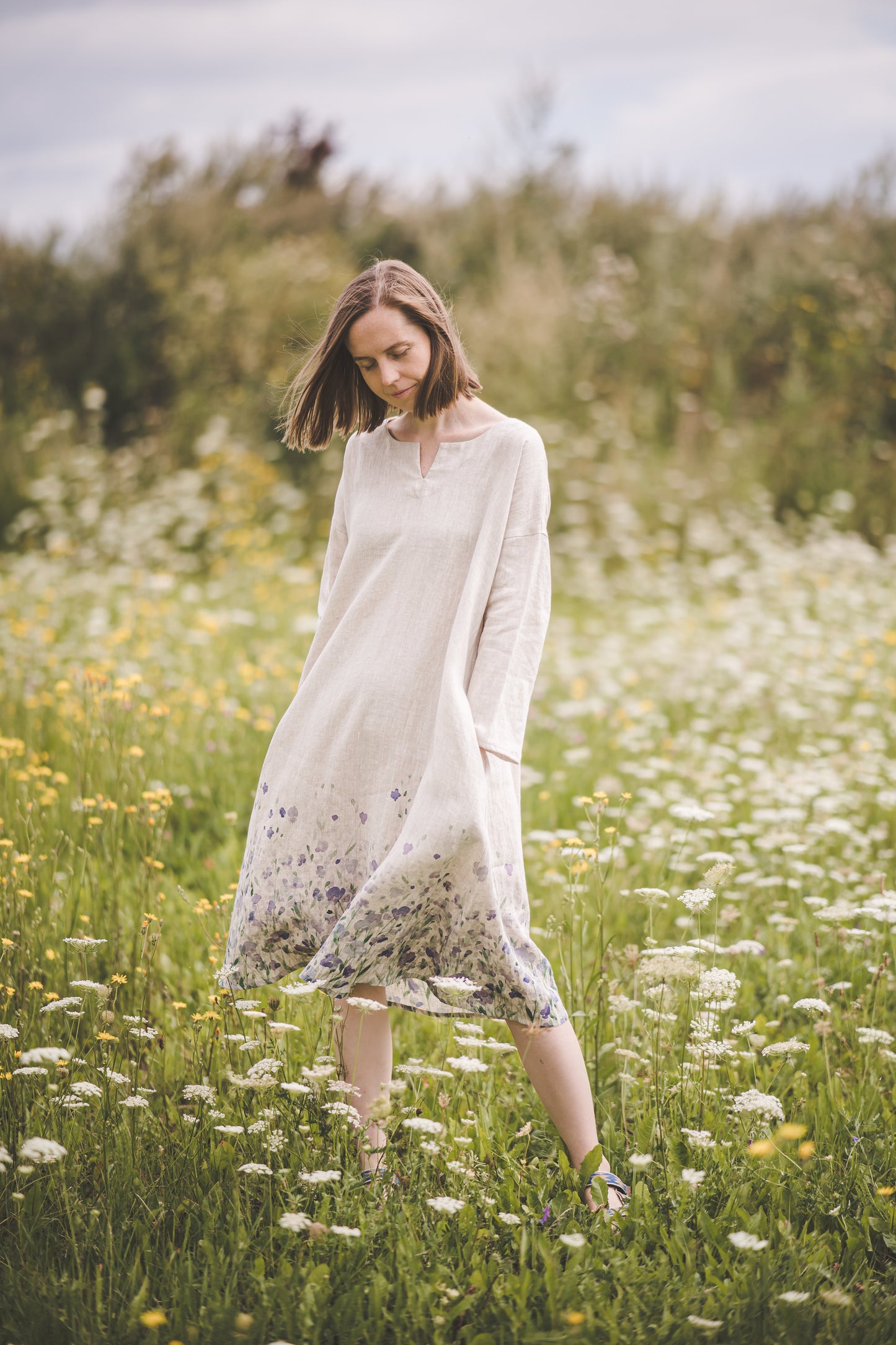 MIGLA midi linen dress with Linen field print