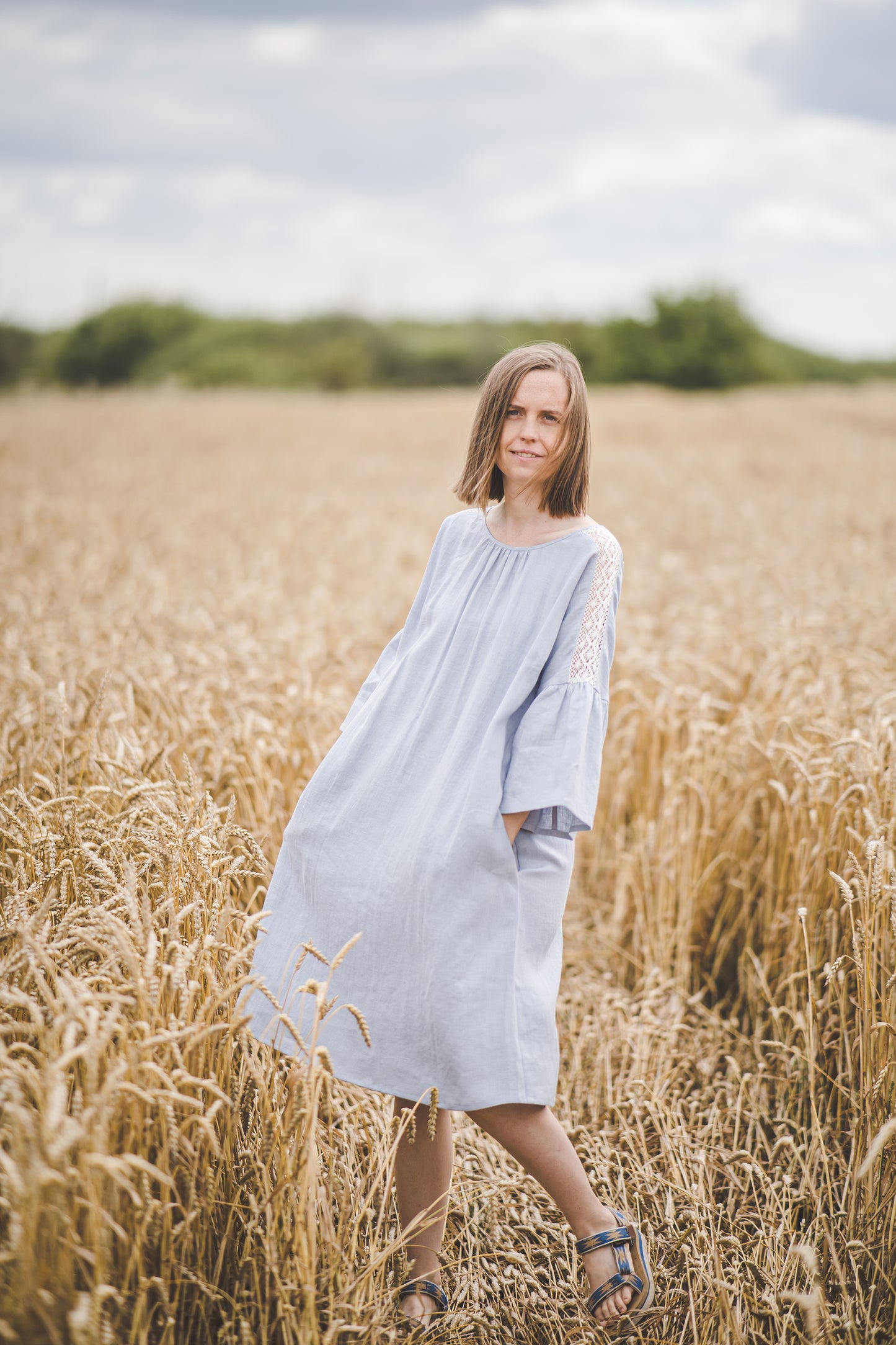 RŪTA midi linen dress with crochet lace in Sky blue