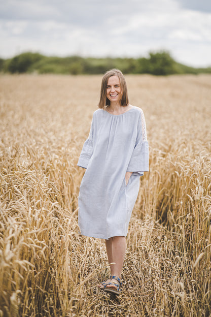 RŪTA midi linen dress with crochet lace in Sky blue