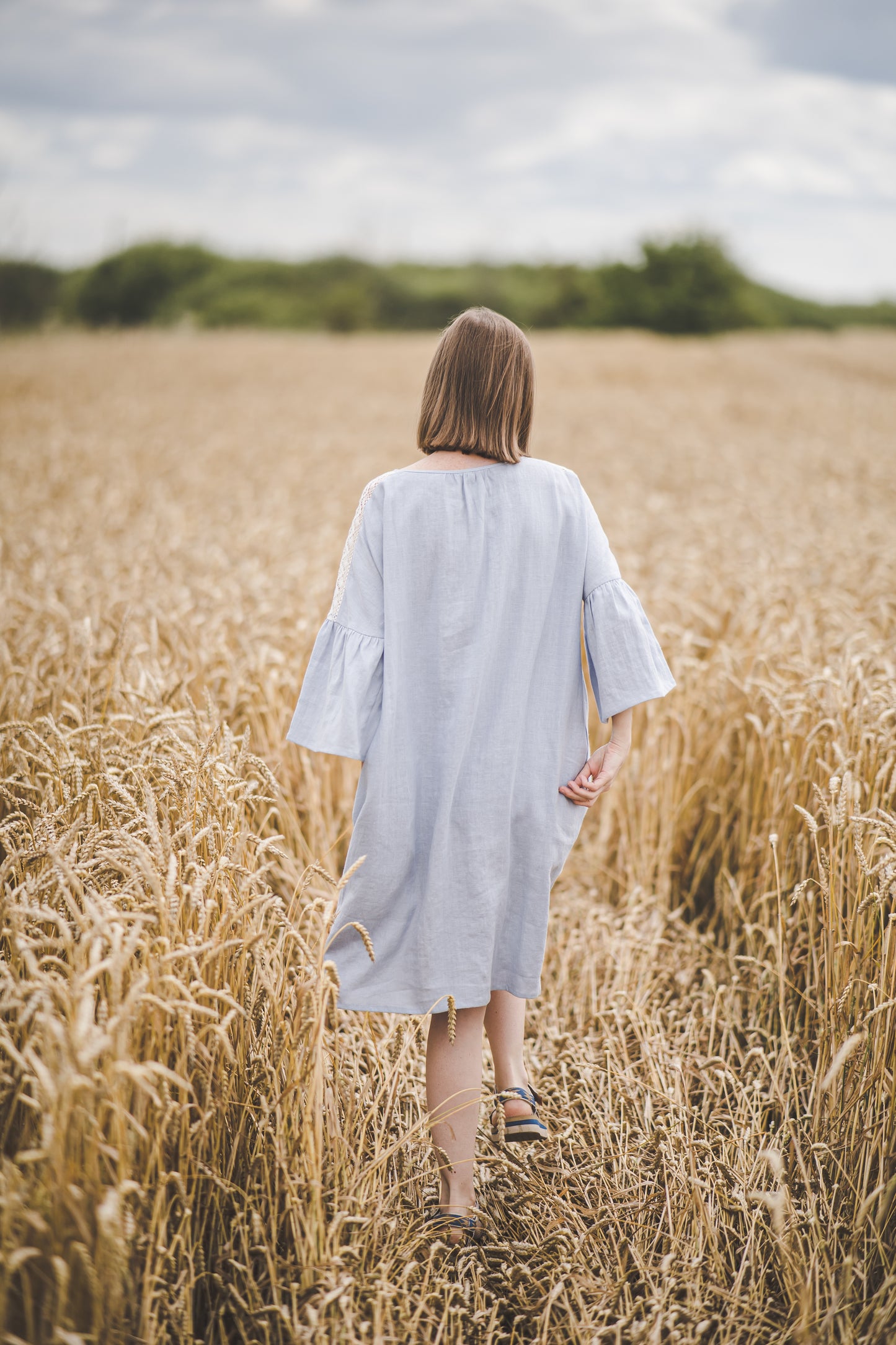 RŪTA midi linen dress with crochet lace in Sky blue