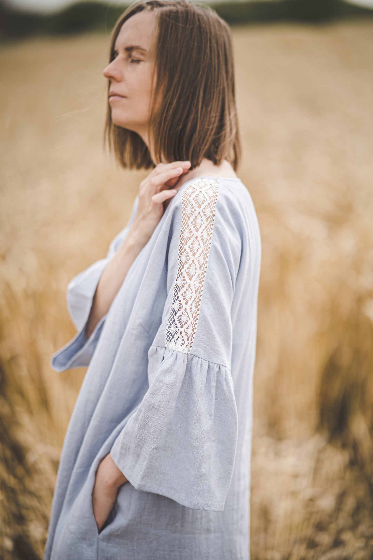 RŪTA midi linen dress with crochet lace in Light sage color