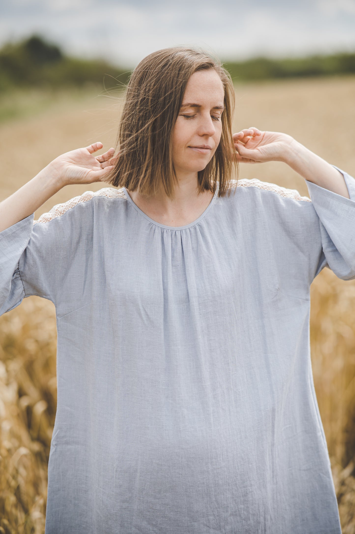 RŪTA midi linen dress with crochet lace in Sky blue