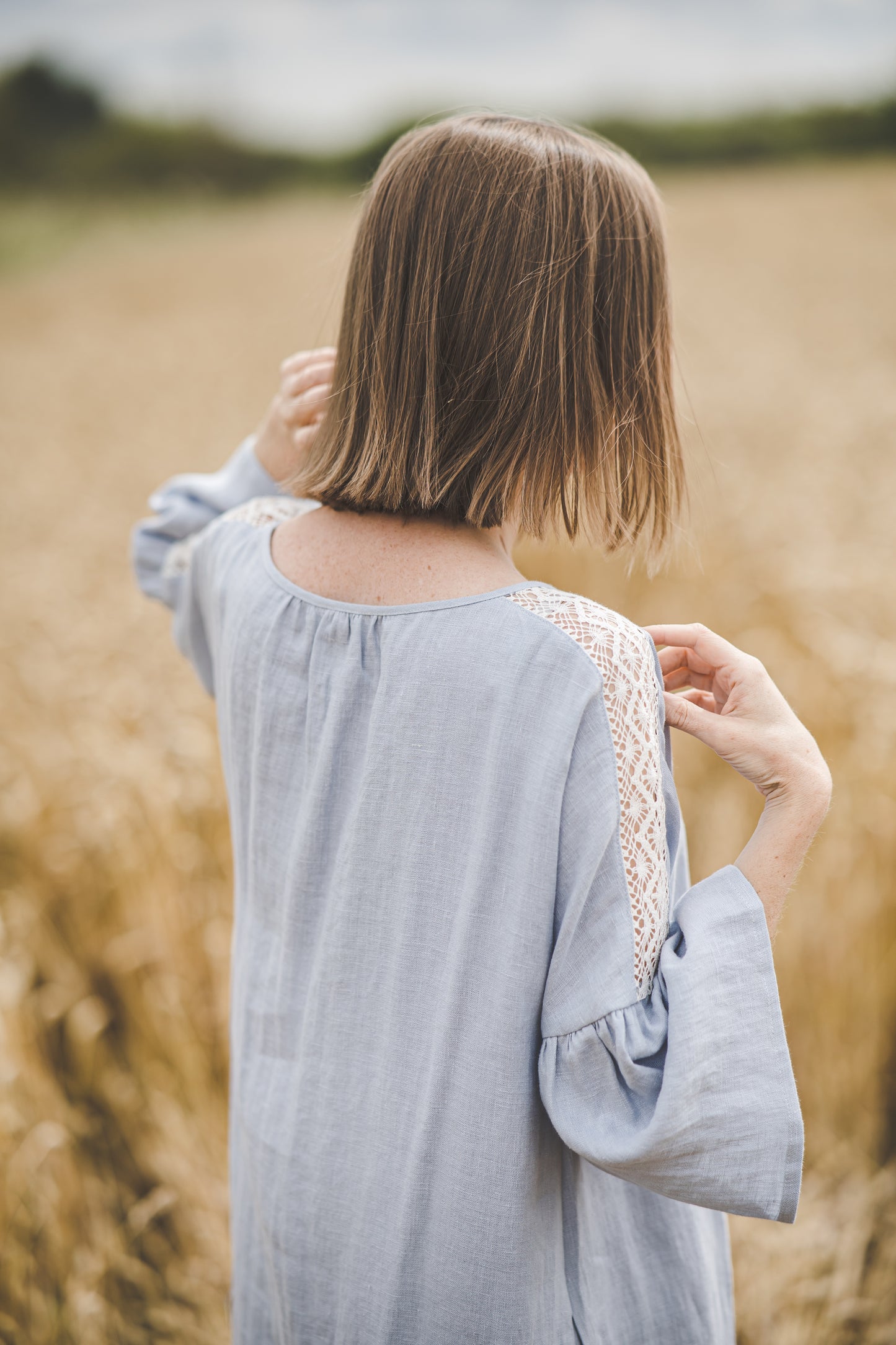 RŪTA midi linen dress with crochet lace in Sky blue