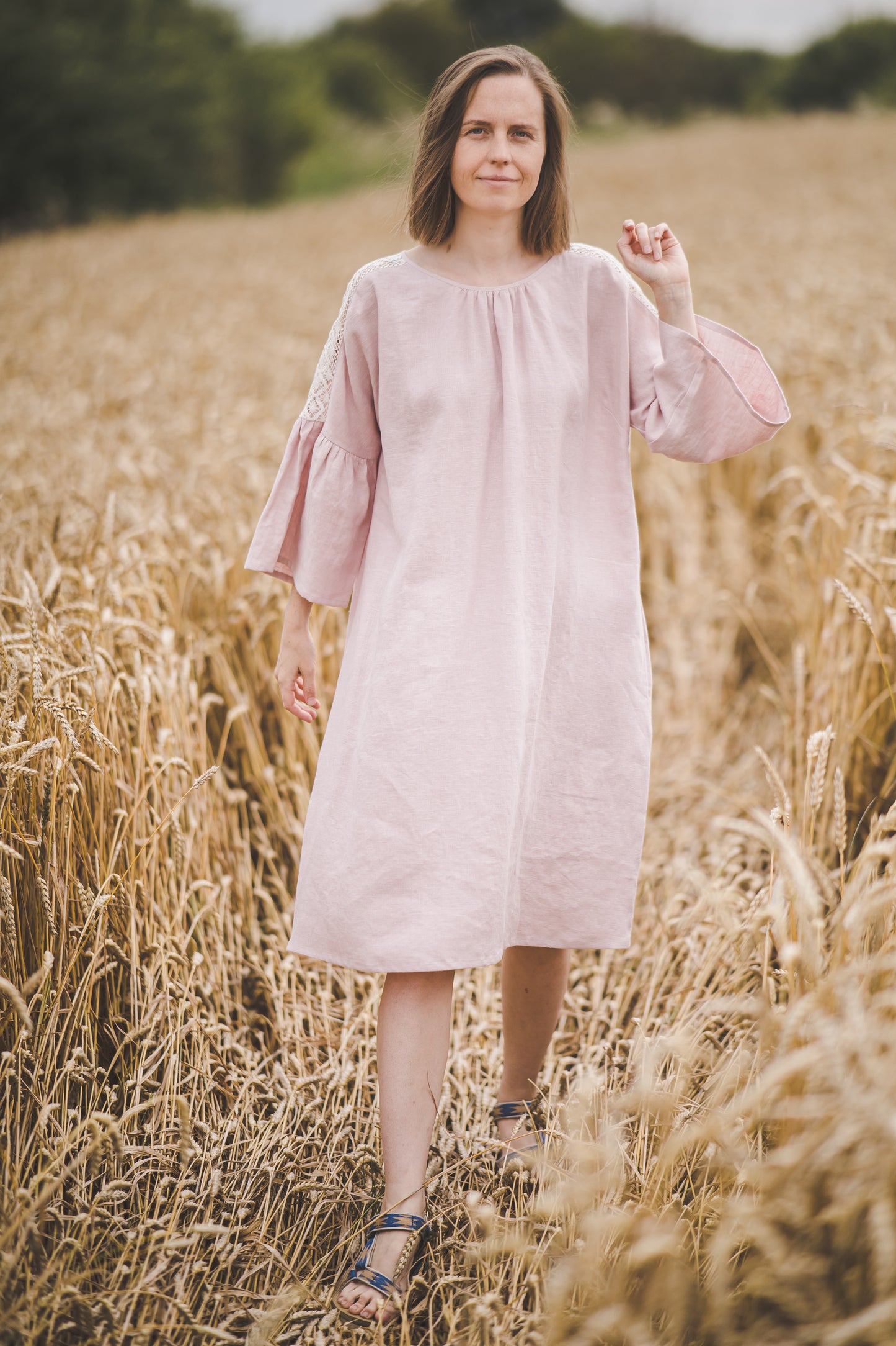 RŪTA midi linen dress with crochet lace in Dusty pink color