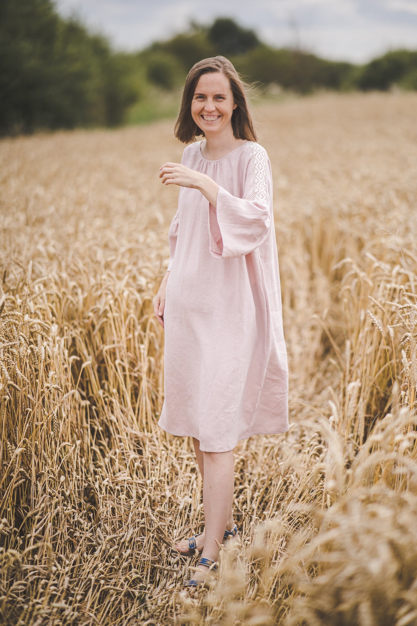 RŪTA midi linen dress with crochet lace in Light sage color