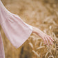 RŪTA midi linen dress with crochet lace in Dusty pink color