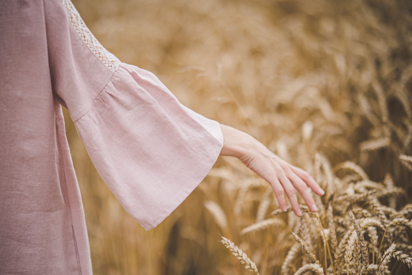 RŪTA midi linen dress with crochet lace in Dusty pink color