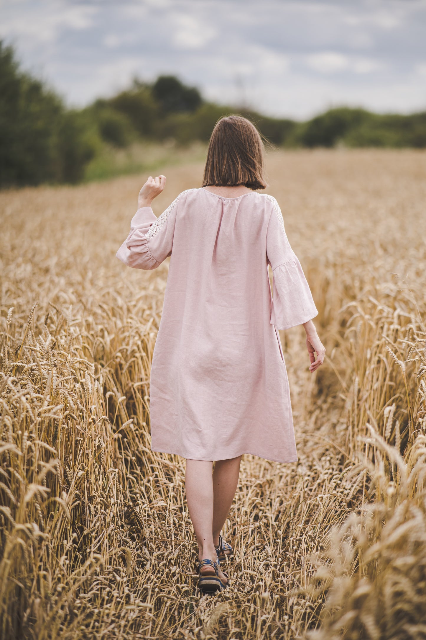 RŪTA midi linen dress with crochet lace in Dusty pink color