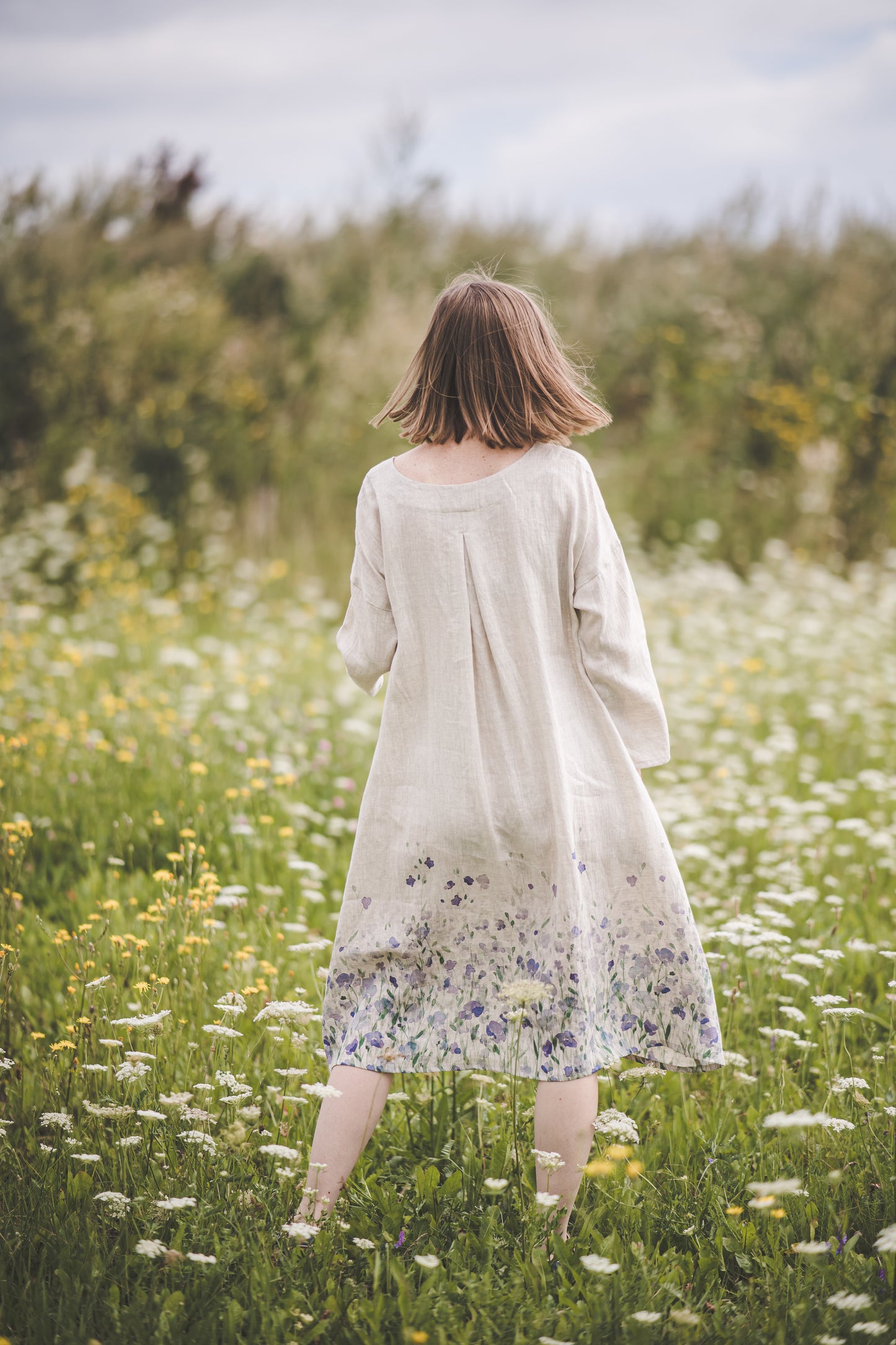 MIGLA midi linen dress with Linen field print