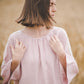 RŪTA midi linen dress with crochet lace in Dusty pink color