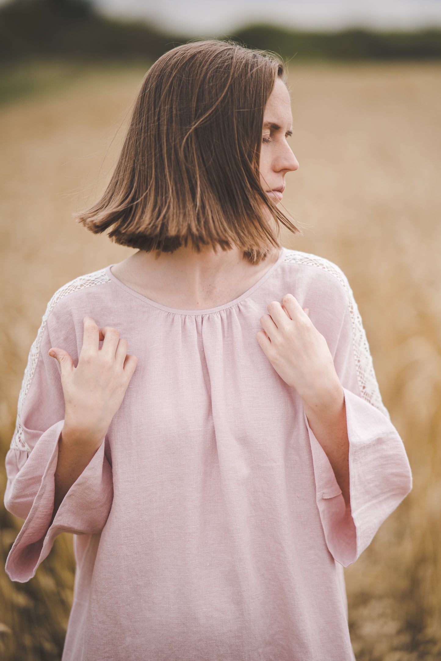 RŪTA midi linen dress with crochet lace in Dusty pink color