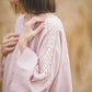 RŪTA midi linen dress with crochet lace in Dusty pink color