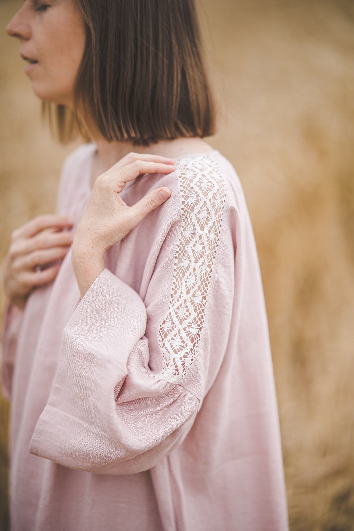 RŪTA midi linen dress with crochet lace in Dusty pink color