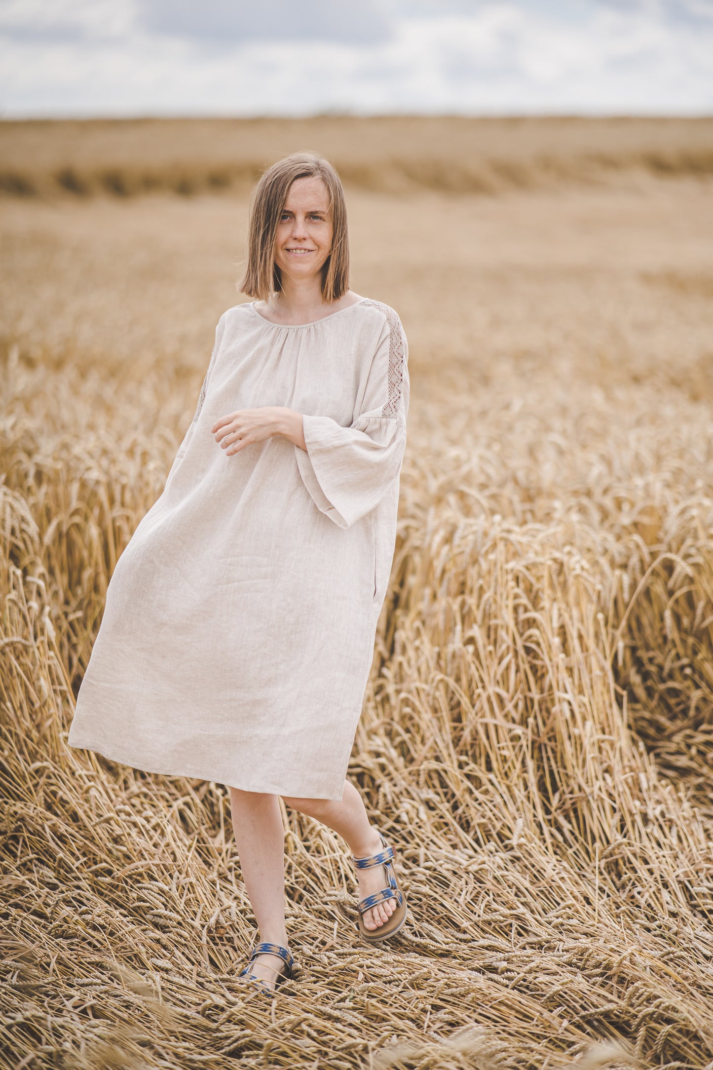 RŪTA midi linen dress with crochet lace in Natural linen color