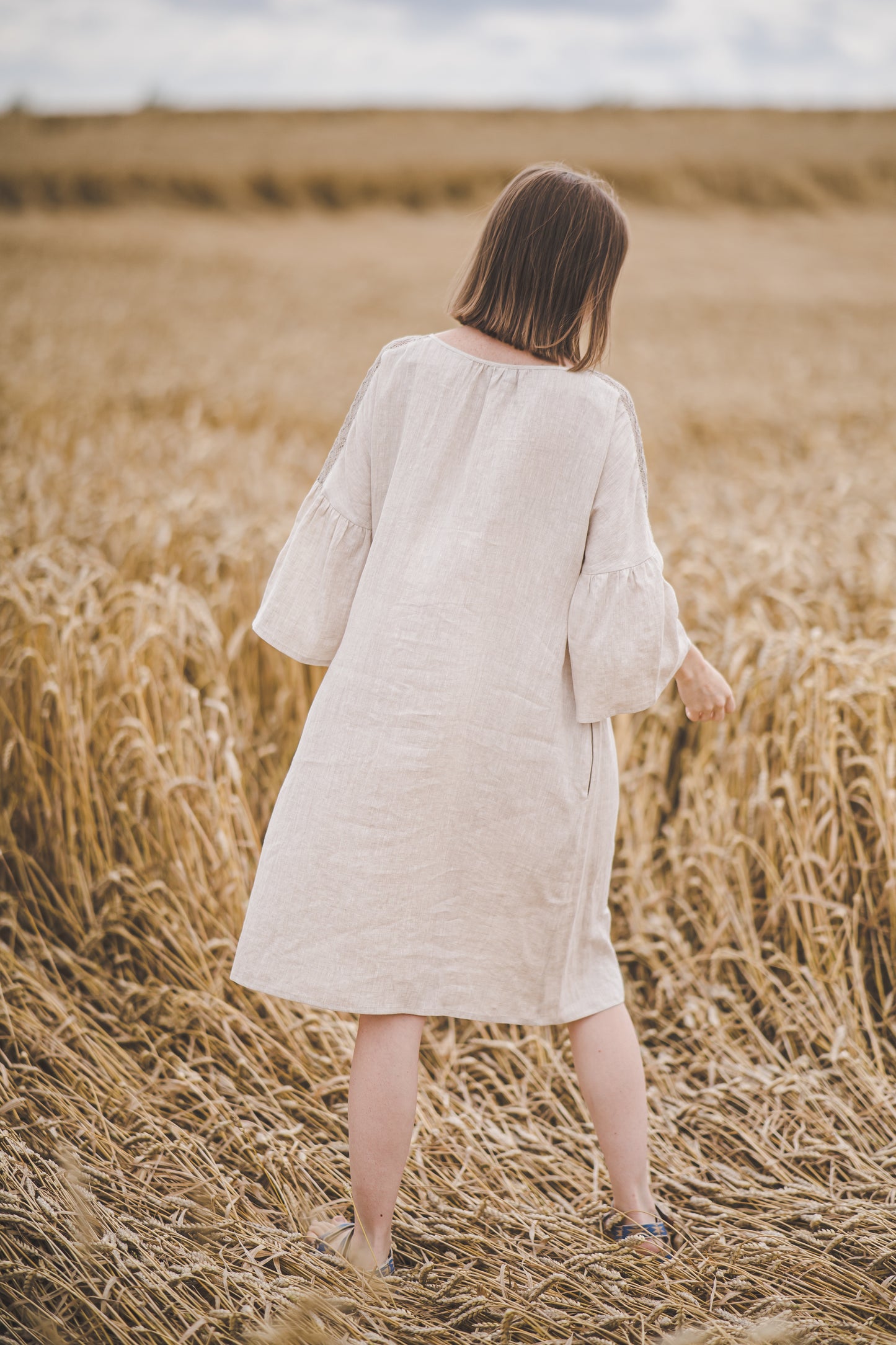 RŪTA midi linen dress with crochet lace in Natural linen color