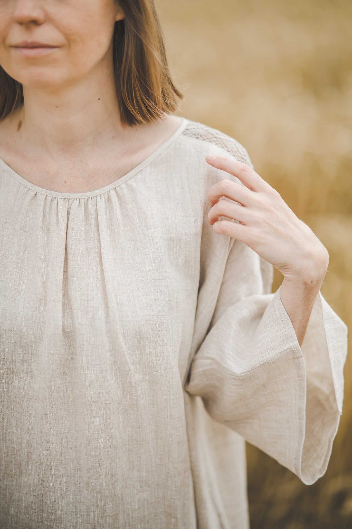 RŪTA midi linen dress with crochet lace in Natural linen color