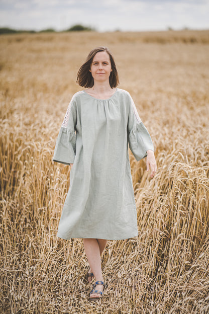 RŪTA midi linen dress with crochet lace in Light sage color