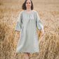 RŪTA midi linen dress with crochet lace in Dusty pink color