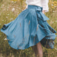 Teal blue green ocean color linen skirt is very wide, flowy and flattering 