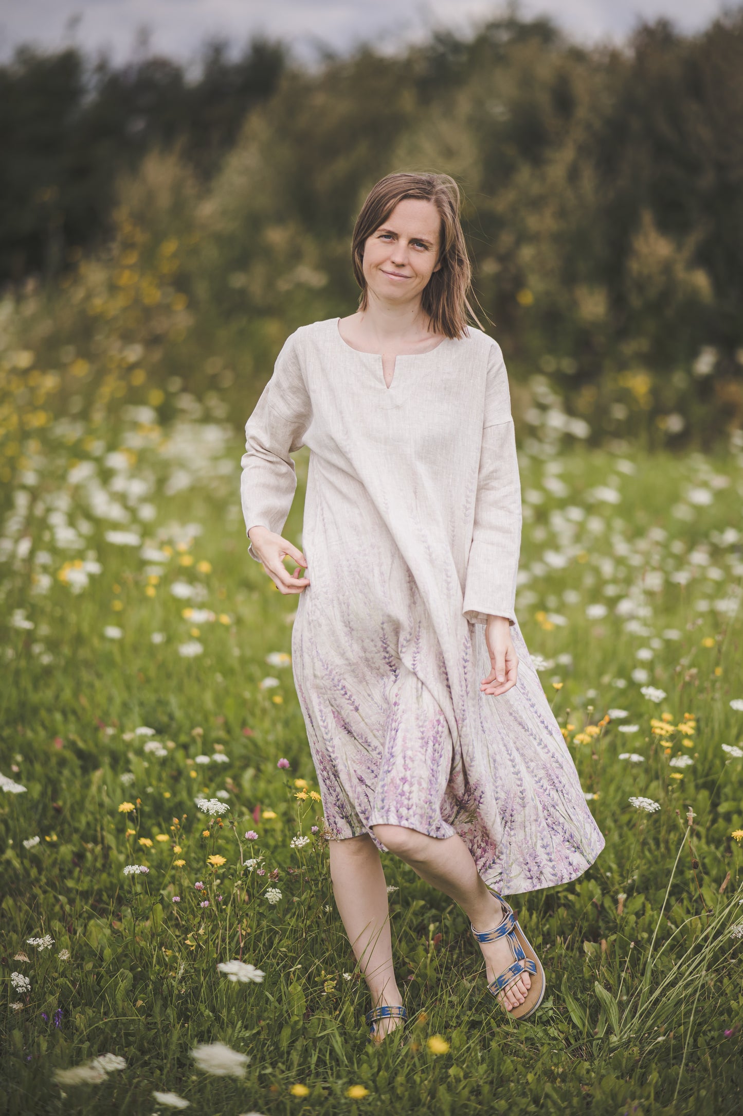 MIGLA midi linen dress with Lavender print