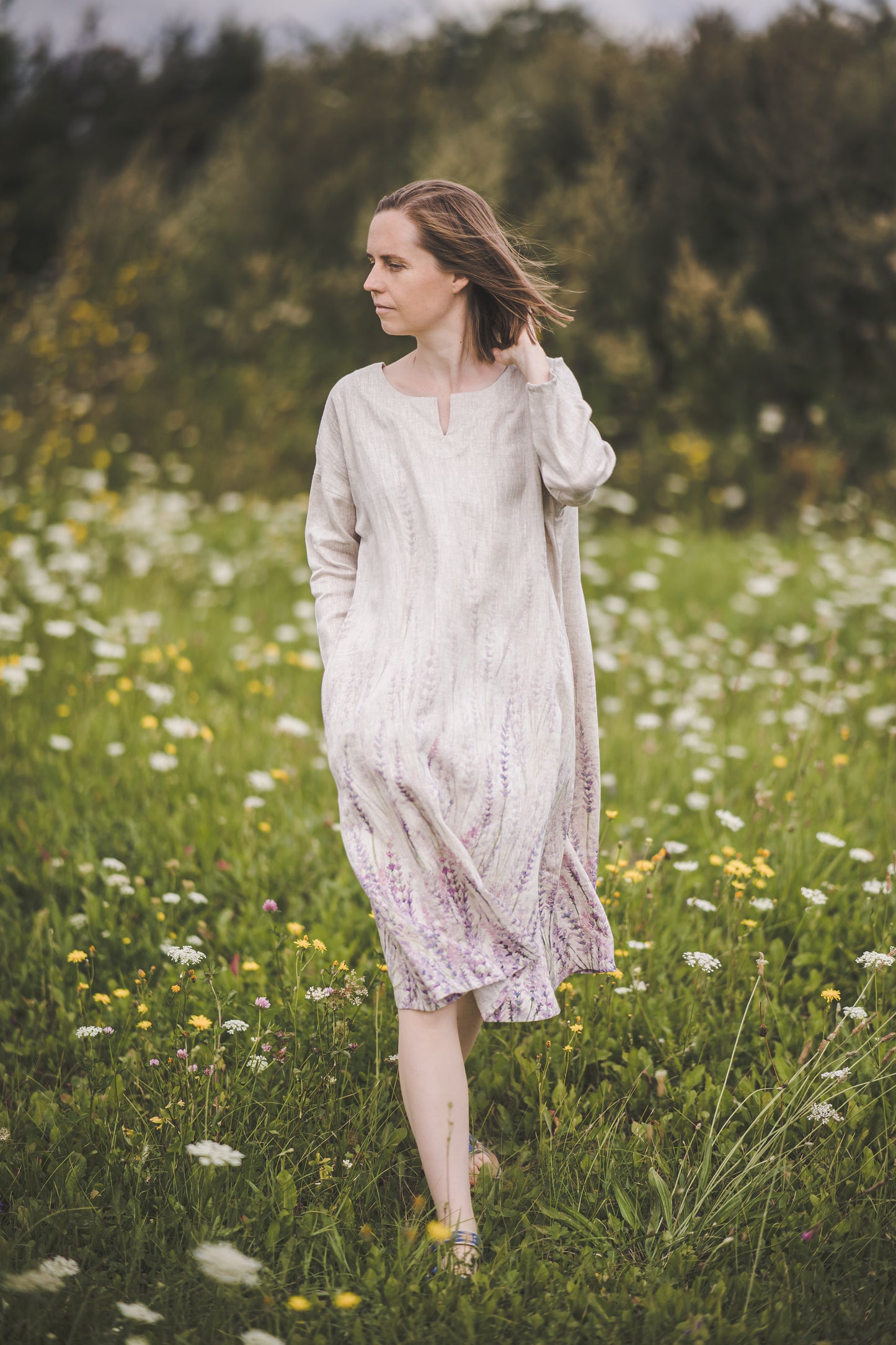 MIGLA midi linen dress with Lavender print