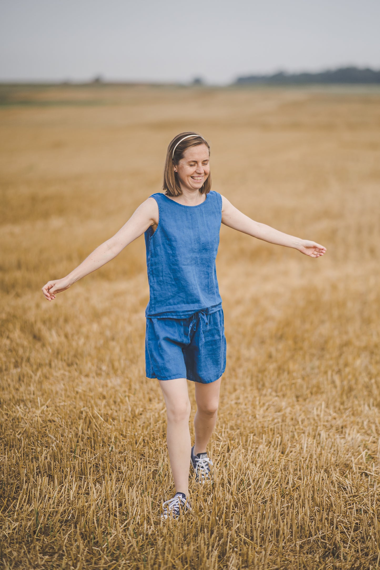 Linen pajamas of tank top & shorts in Azure blue