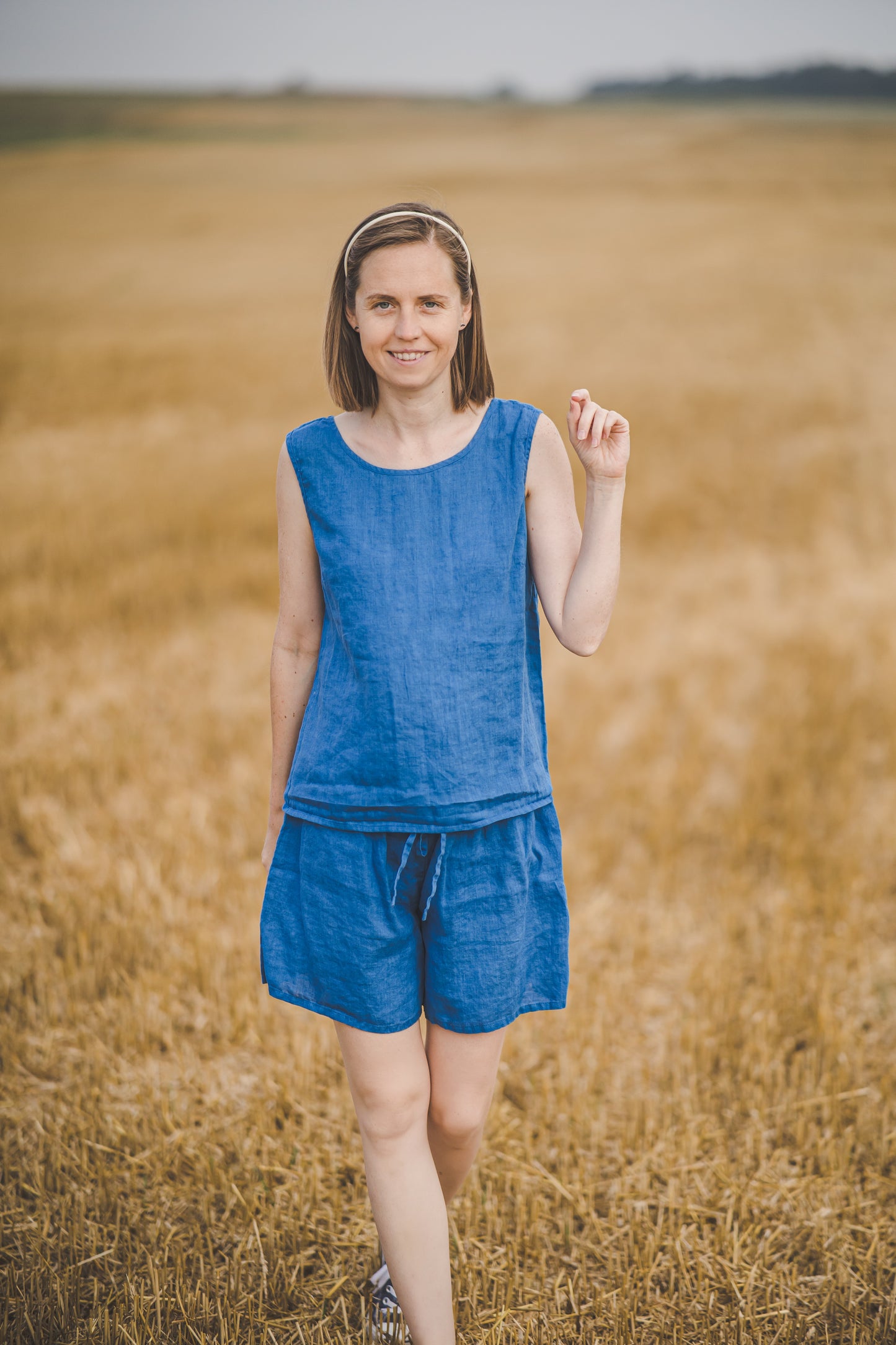 Linen pajamas of tank top & shorts in Azure blue