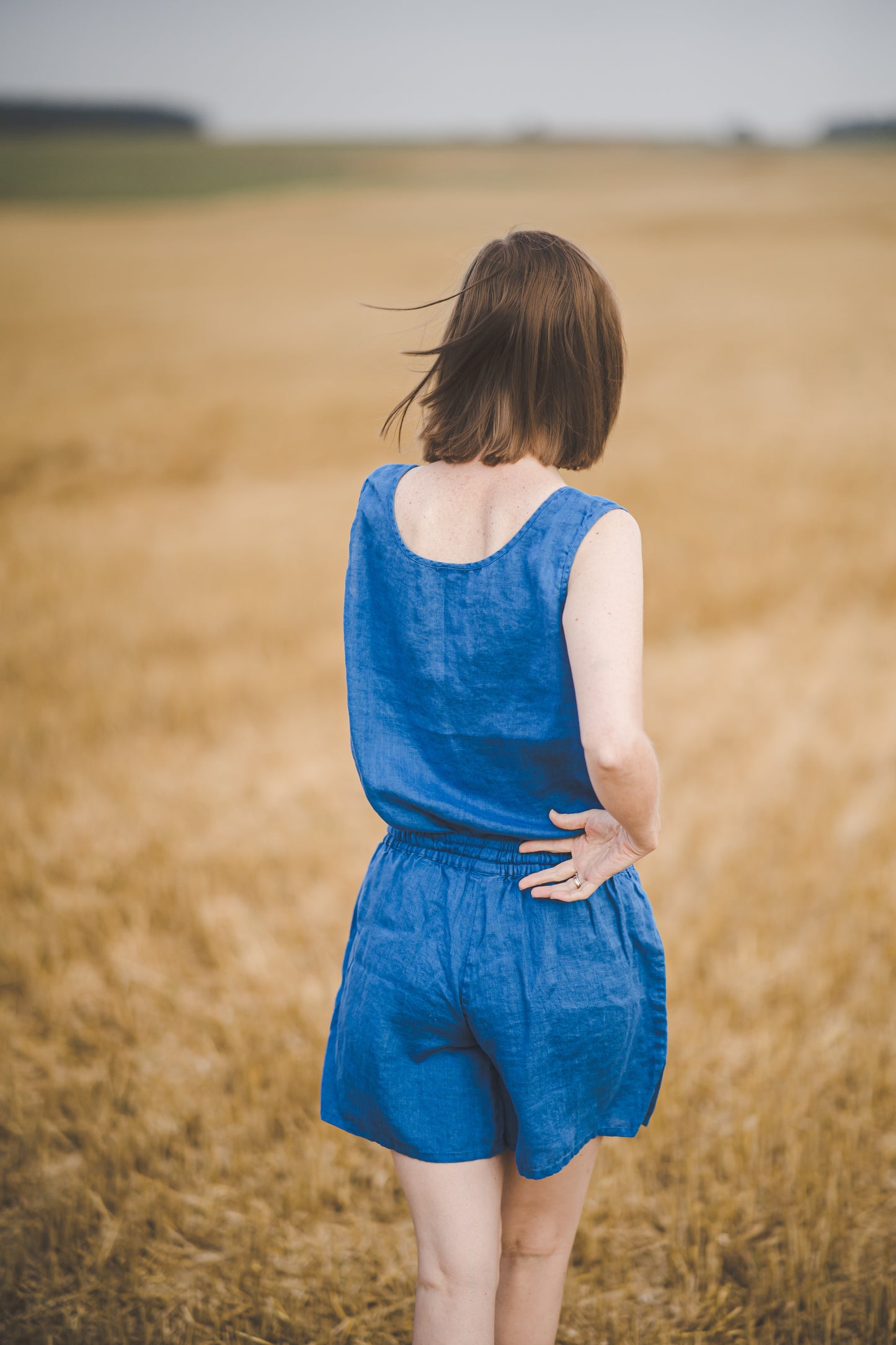 Linen pajamas of tank top & shorts in Azure blue