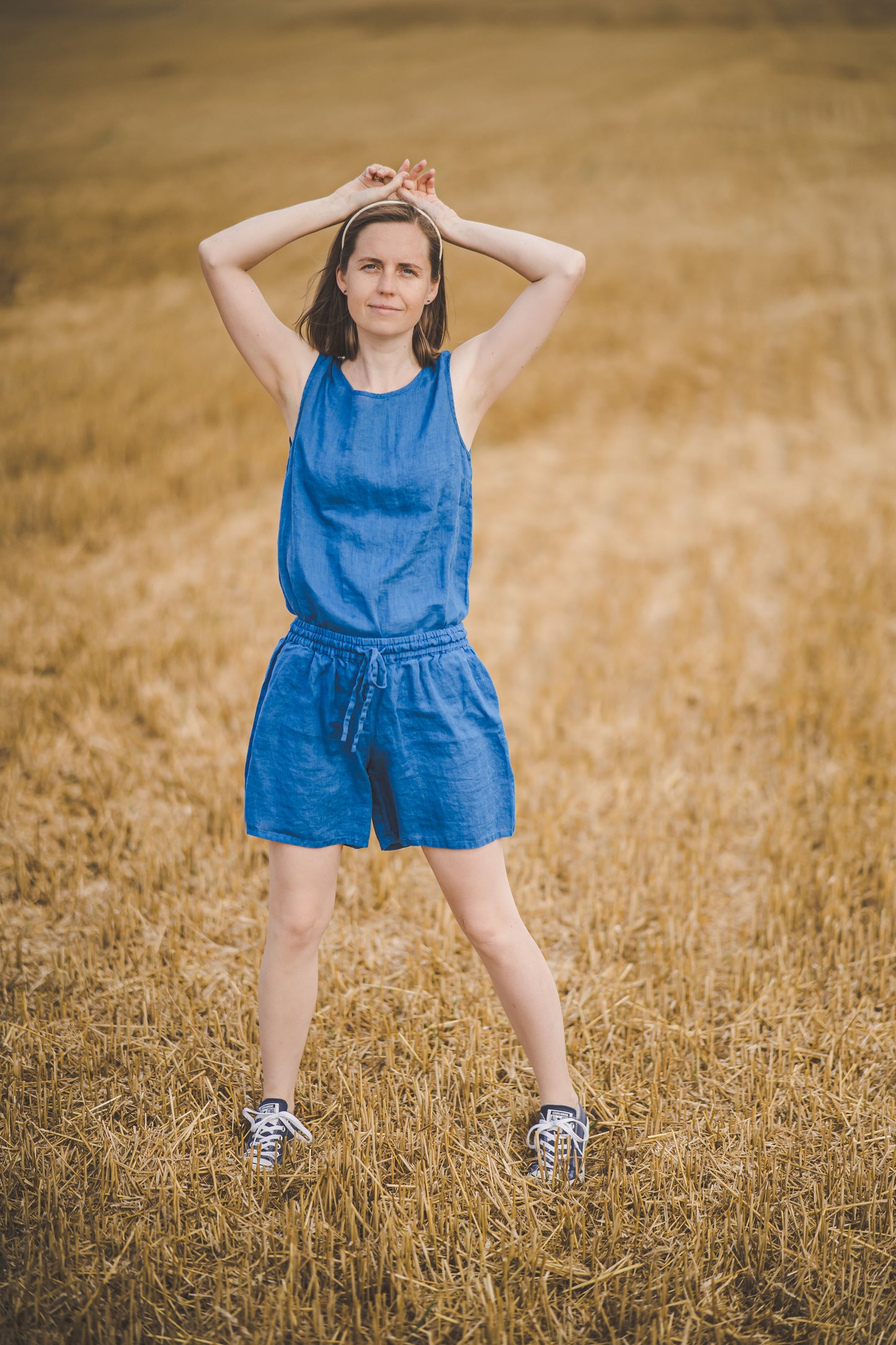 Linen pajamas of tank top & shorts in Azure blue