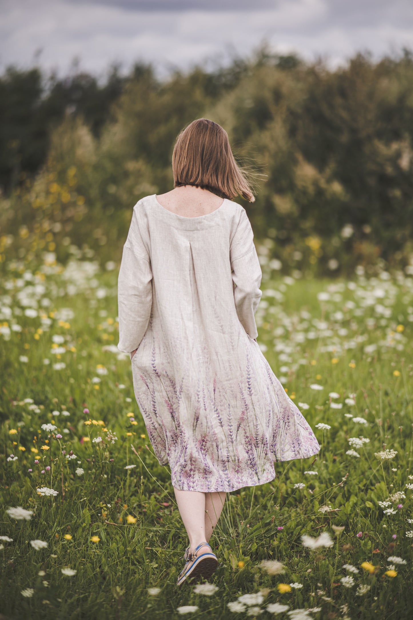 MIGLA midi linen dress with Lavender print