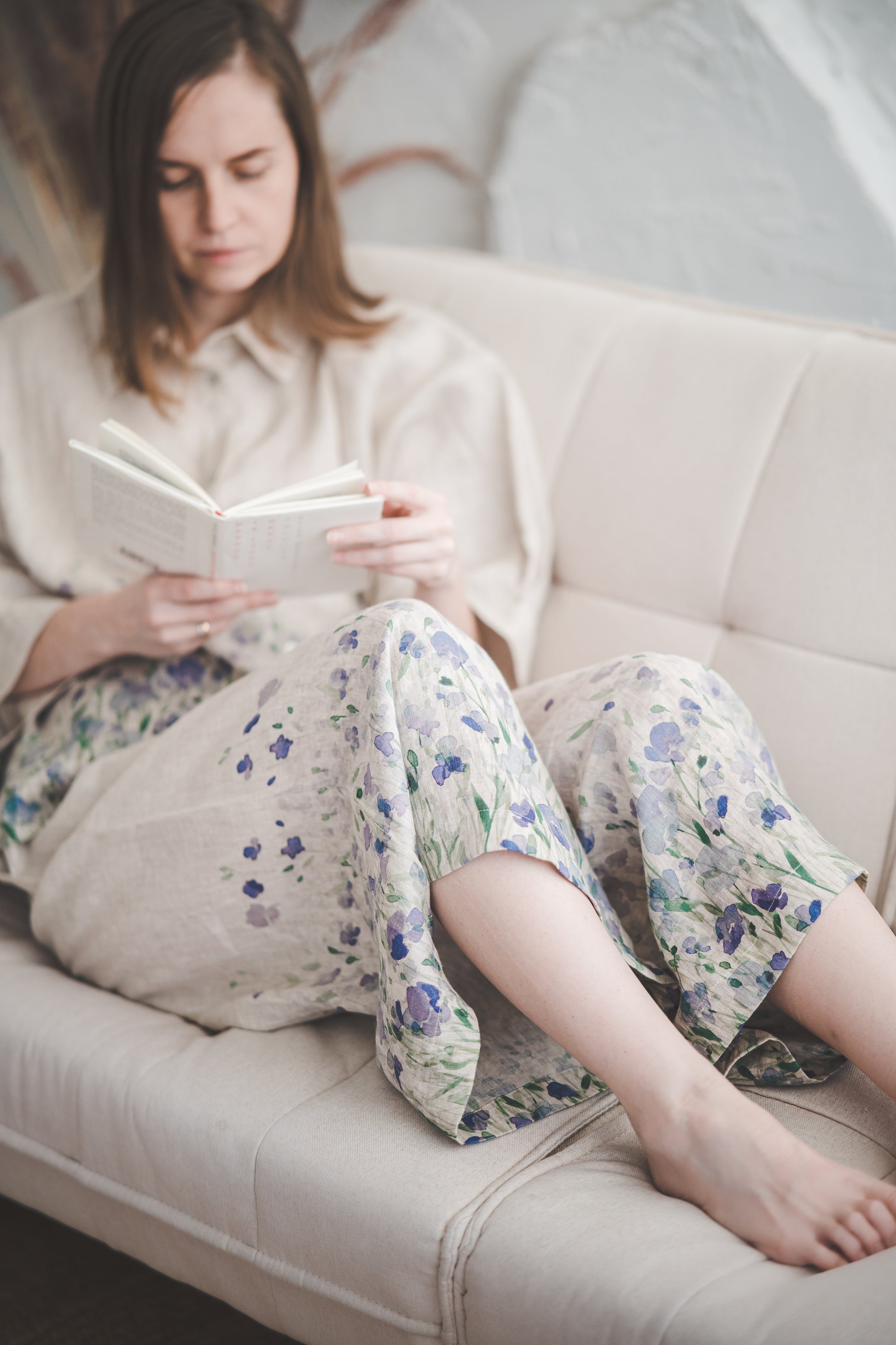 Natural linen loungewear set of wide leg pants and buttons front shirt