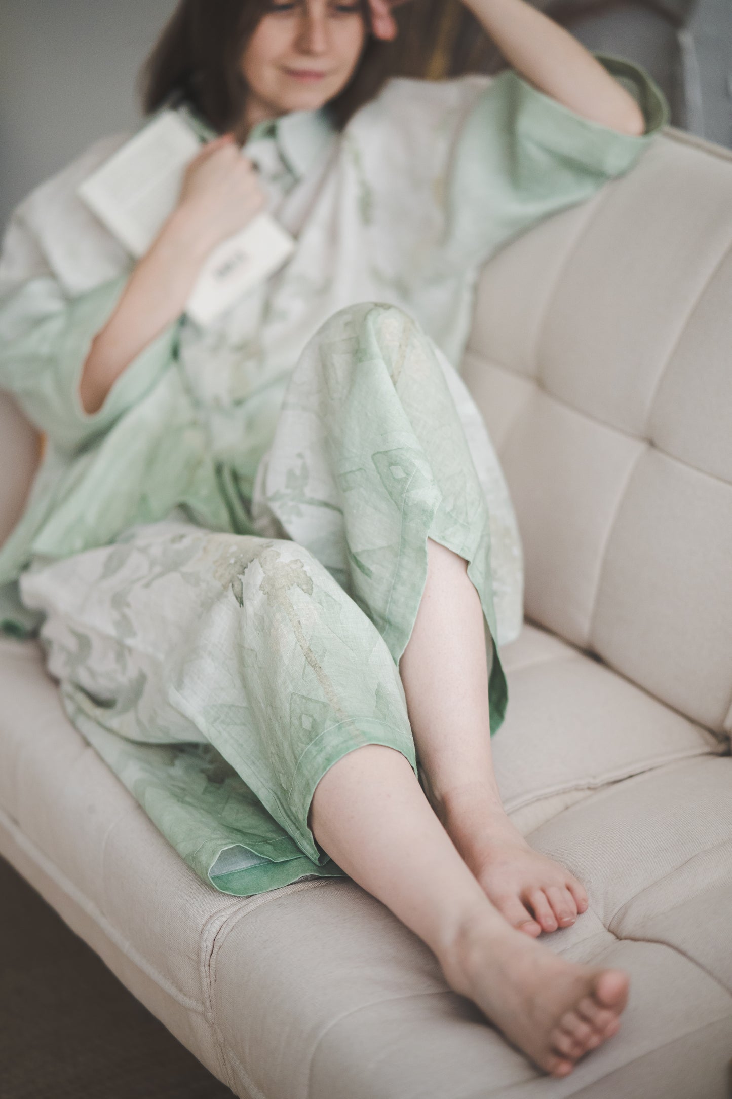 TYLA wide leg linen culottes pants with Green Ombre Forest print