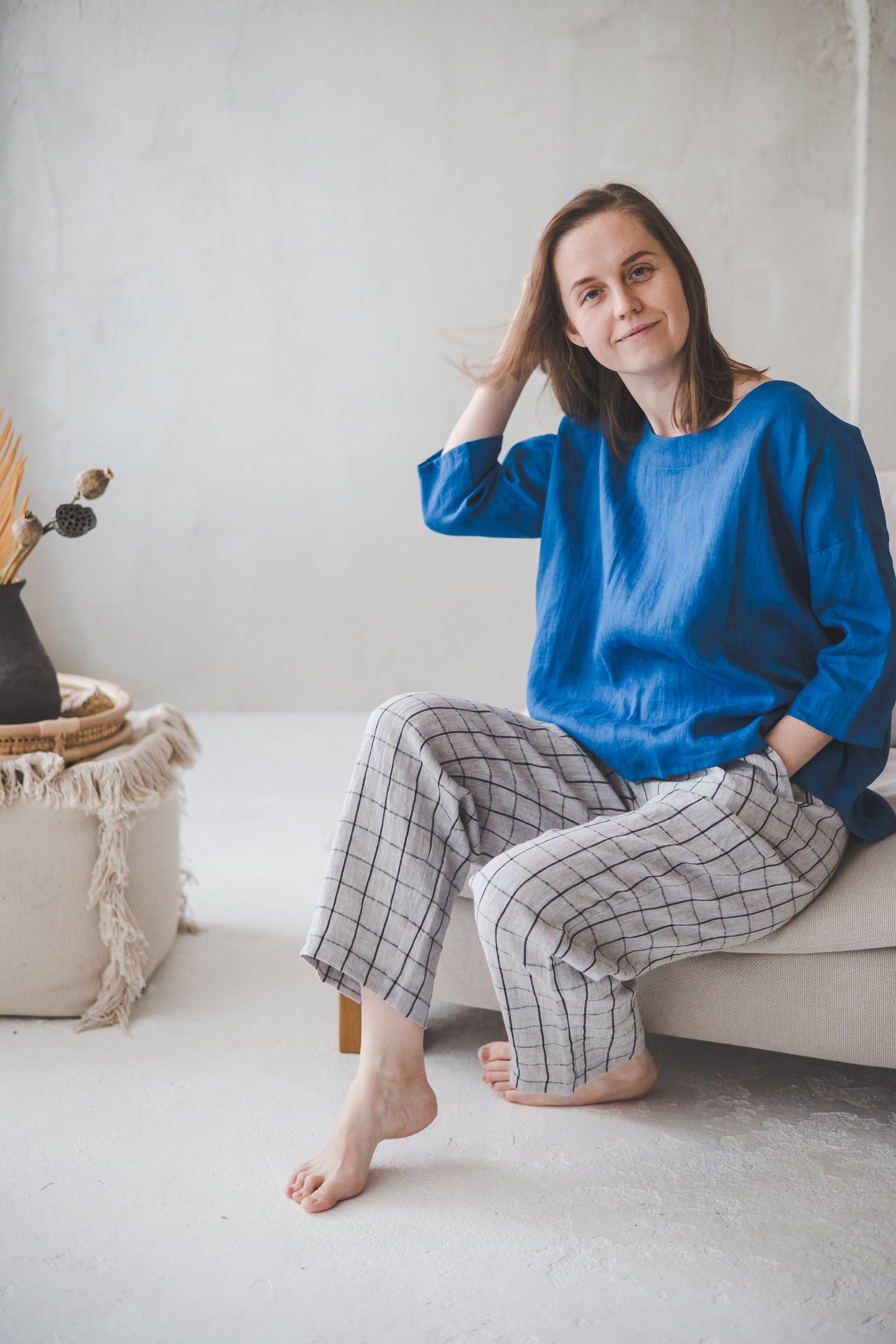 RYTAS cropped linen pants in Grey checks