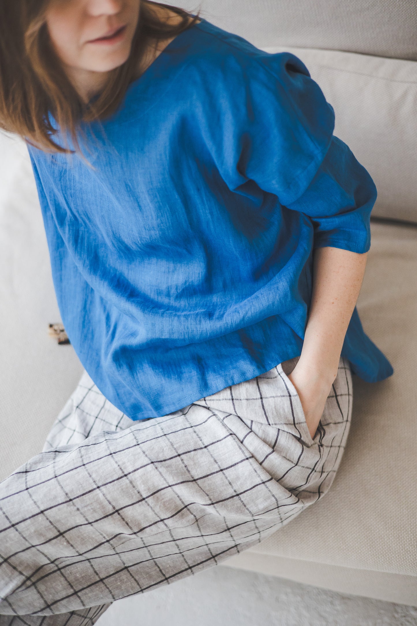 RYTAS cropped linen pants in Grey checks