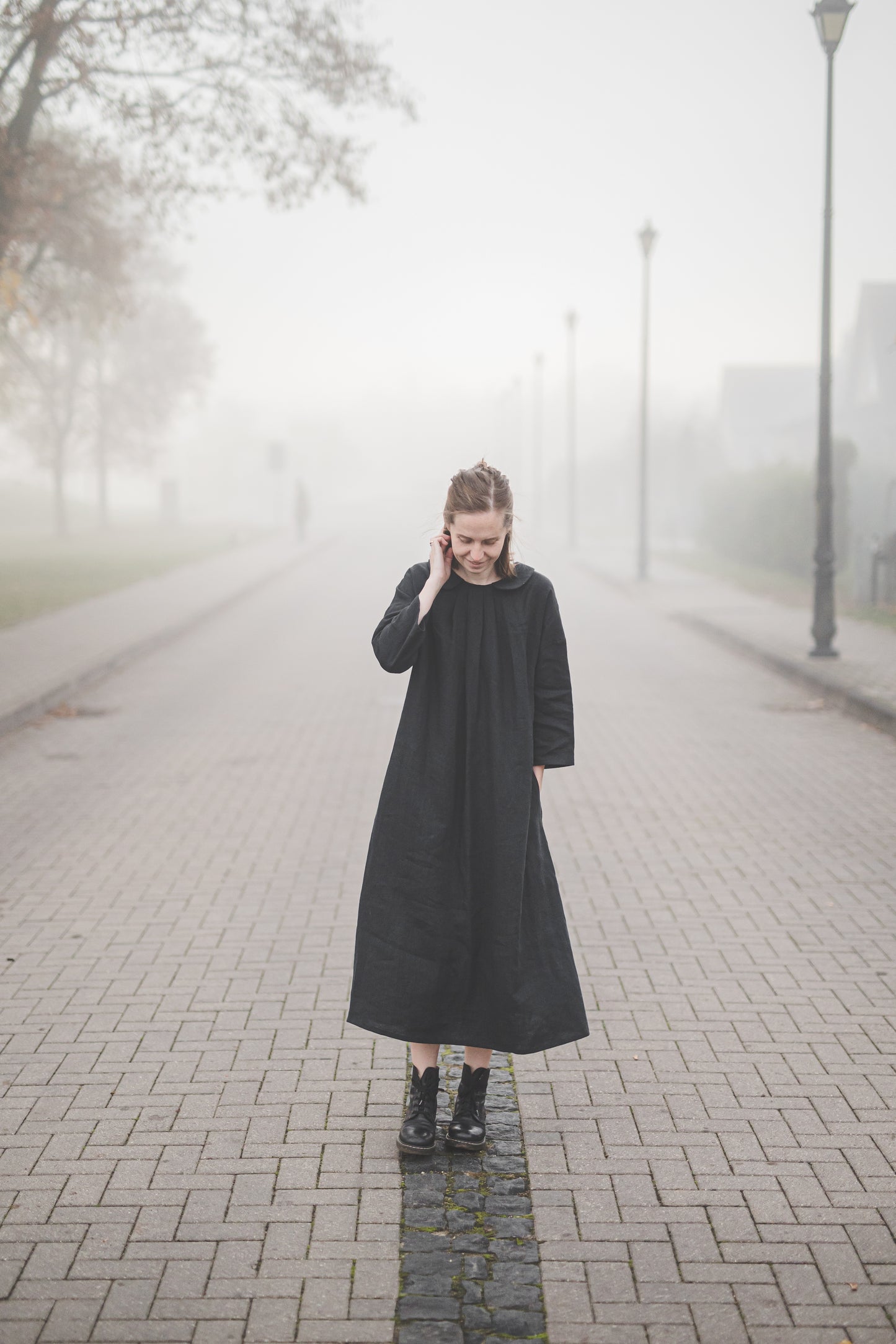 PASAKA round collars maxi linen dress in Black