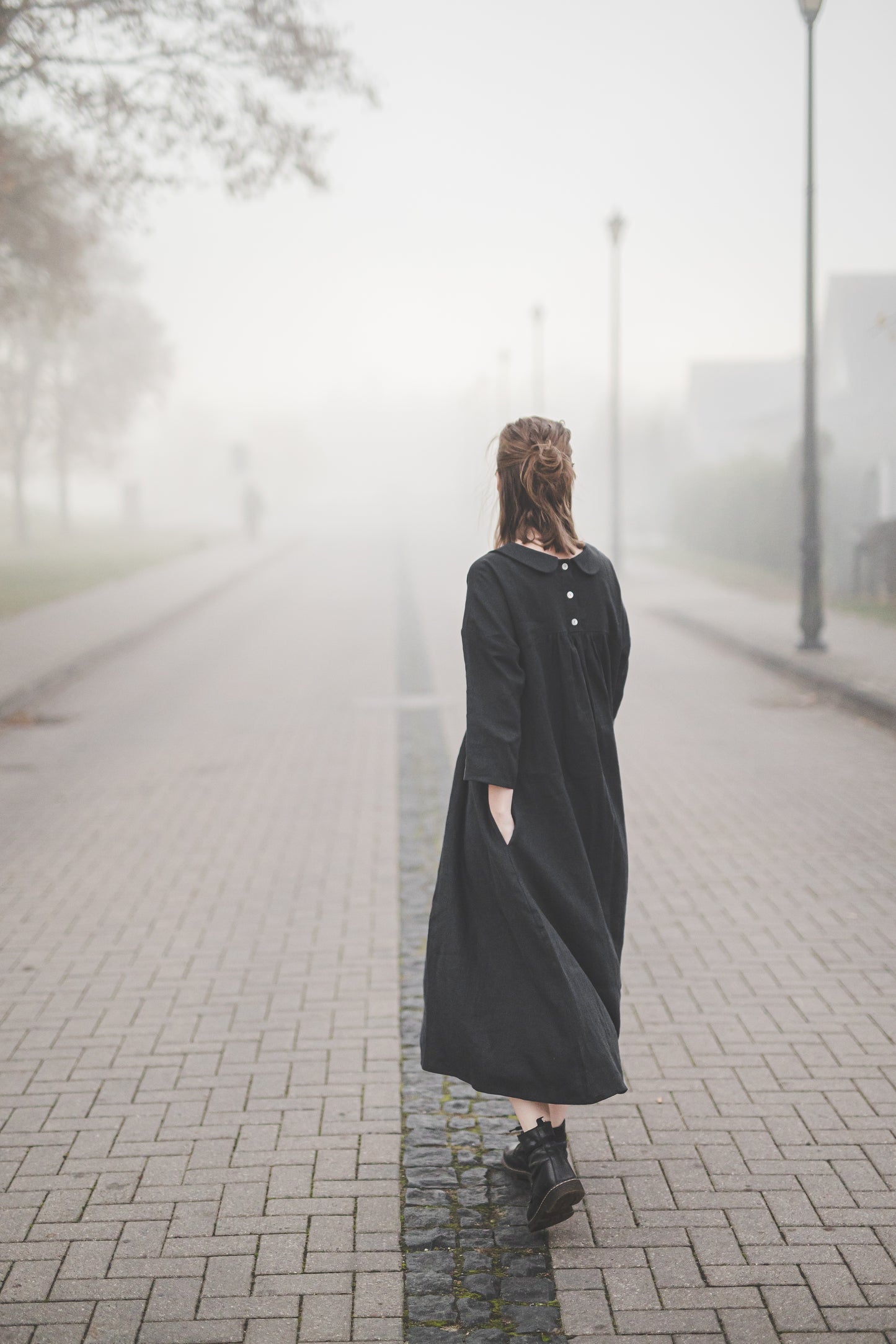 PASAKA round collars maxi linen dress in Black