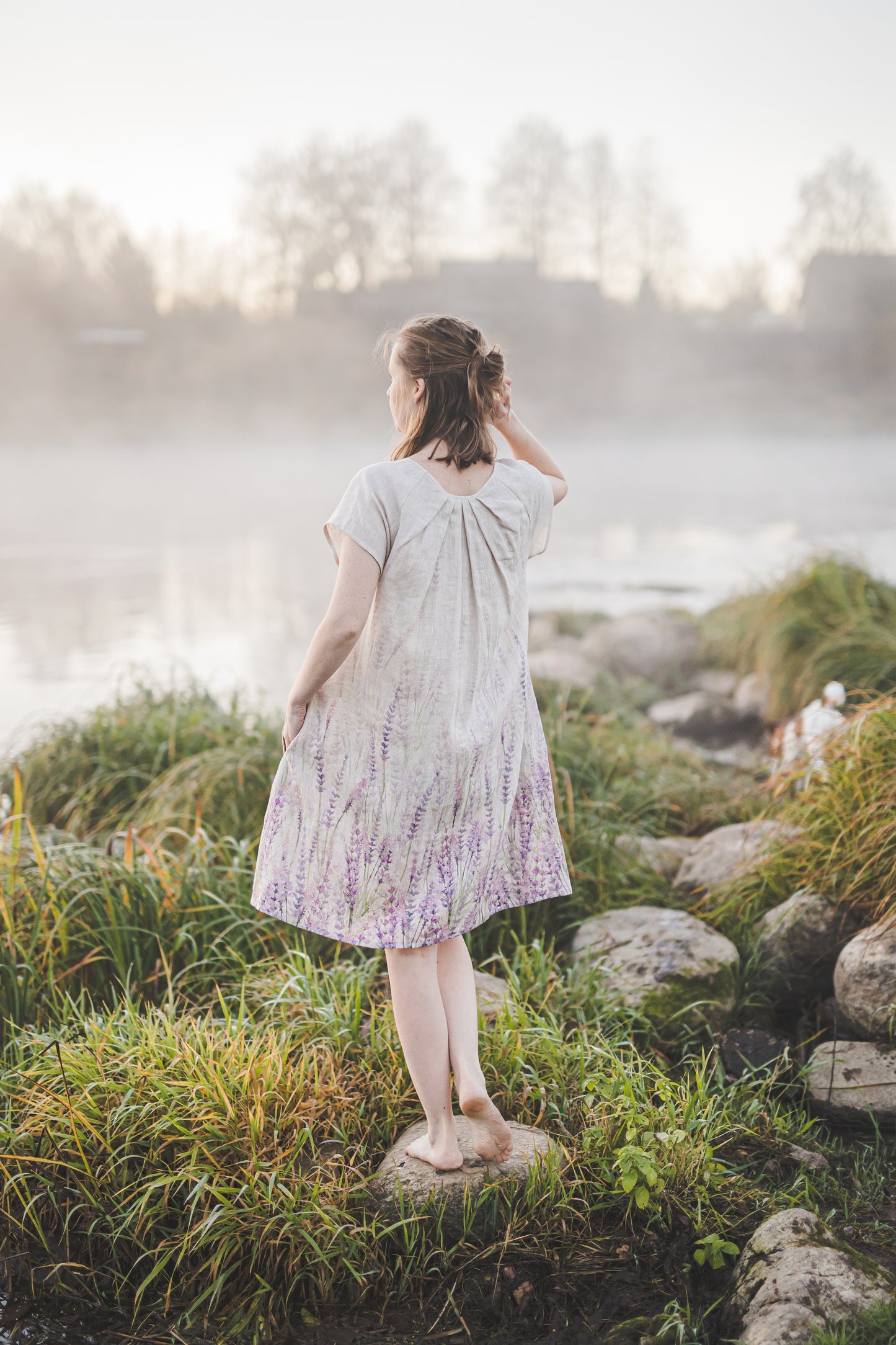 RASA short sleeves mini linen dress with Lavender print